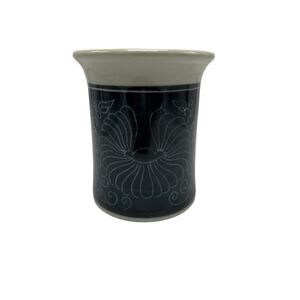 Blue Utensil Holder or Vase Crockery Hand Made w/ Design Inscribed Signed